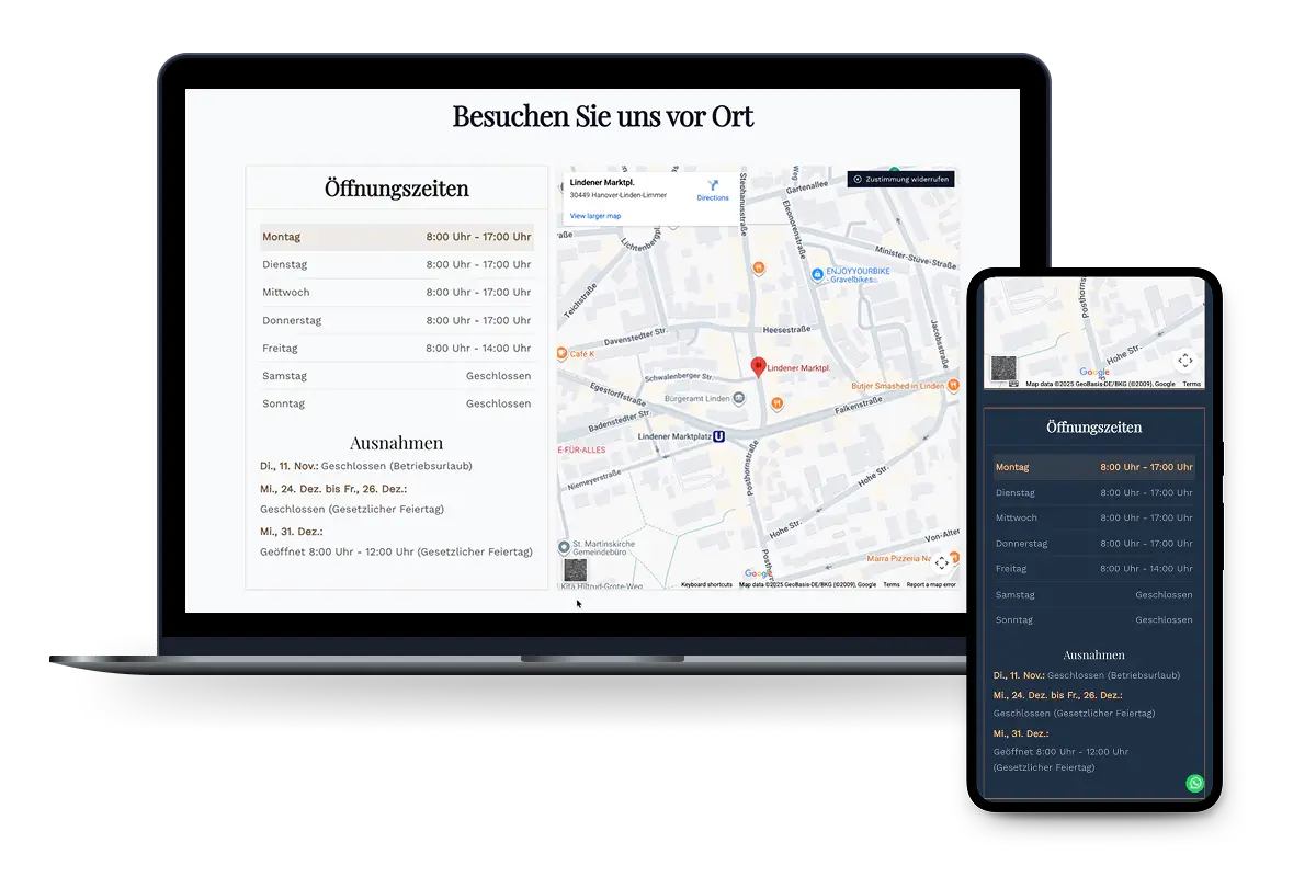 Die Öffnungszeiten mit Google Maps auf der Kanzleiseite